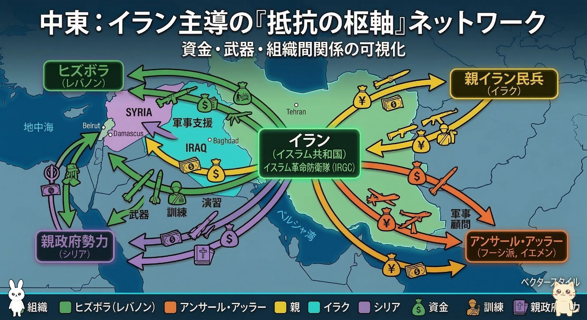 [中東地図, イランを中心とした「抵抗の枢軸」のネットワーク図, レバノンのヒズボラ、イエメンのフーシ派、イラクとシリアの武装組織の相関関係と資金・武器のルート]