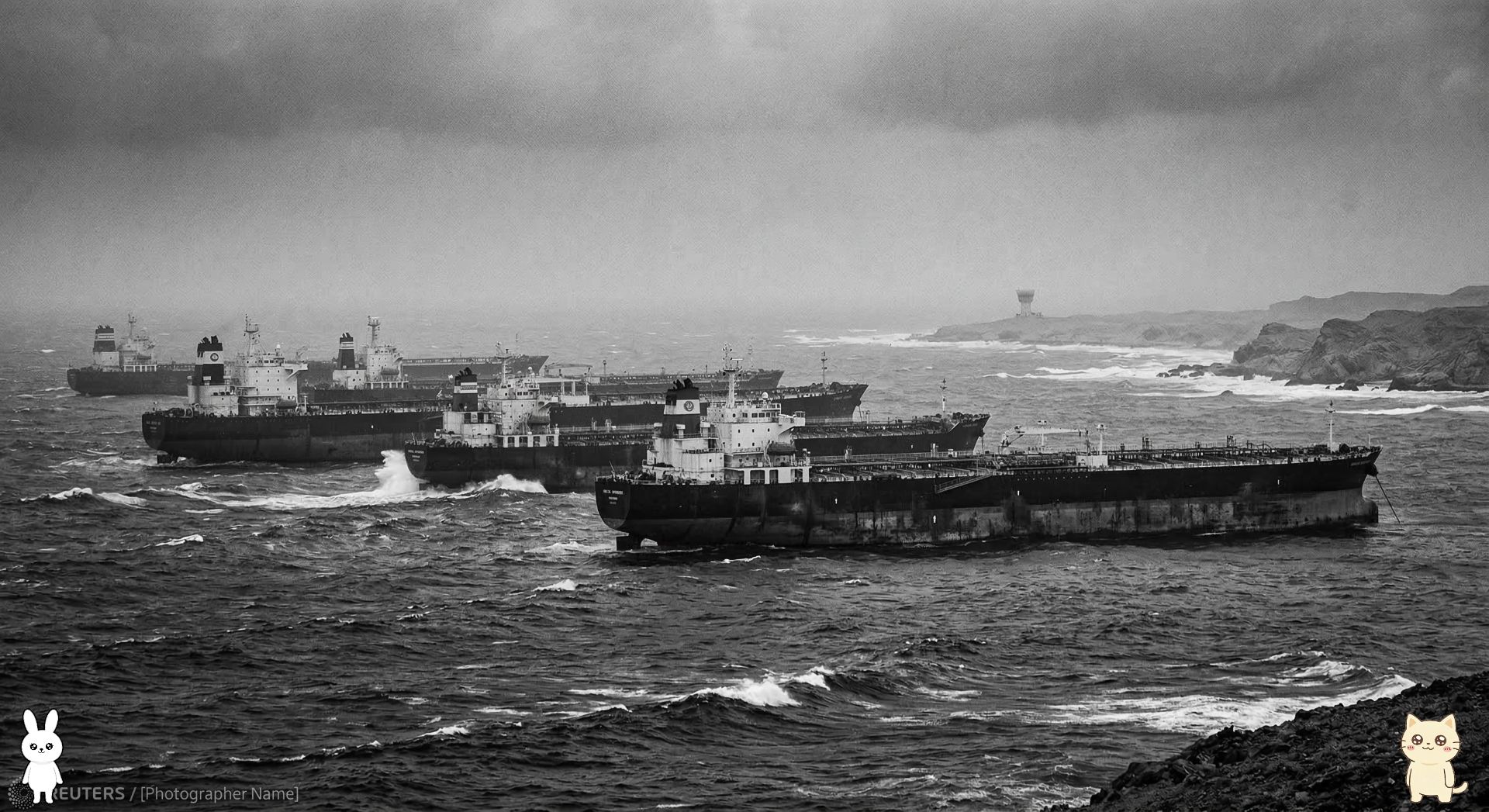[ホルムズ海峡, 荒波の中を航行する軍艦, 上空を旋回する軍用ヘリコプター, 緊張感漂う海上の様子,]