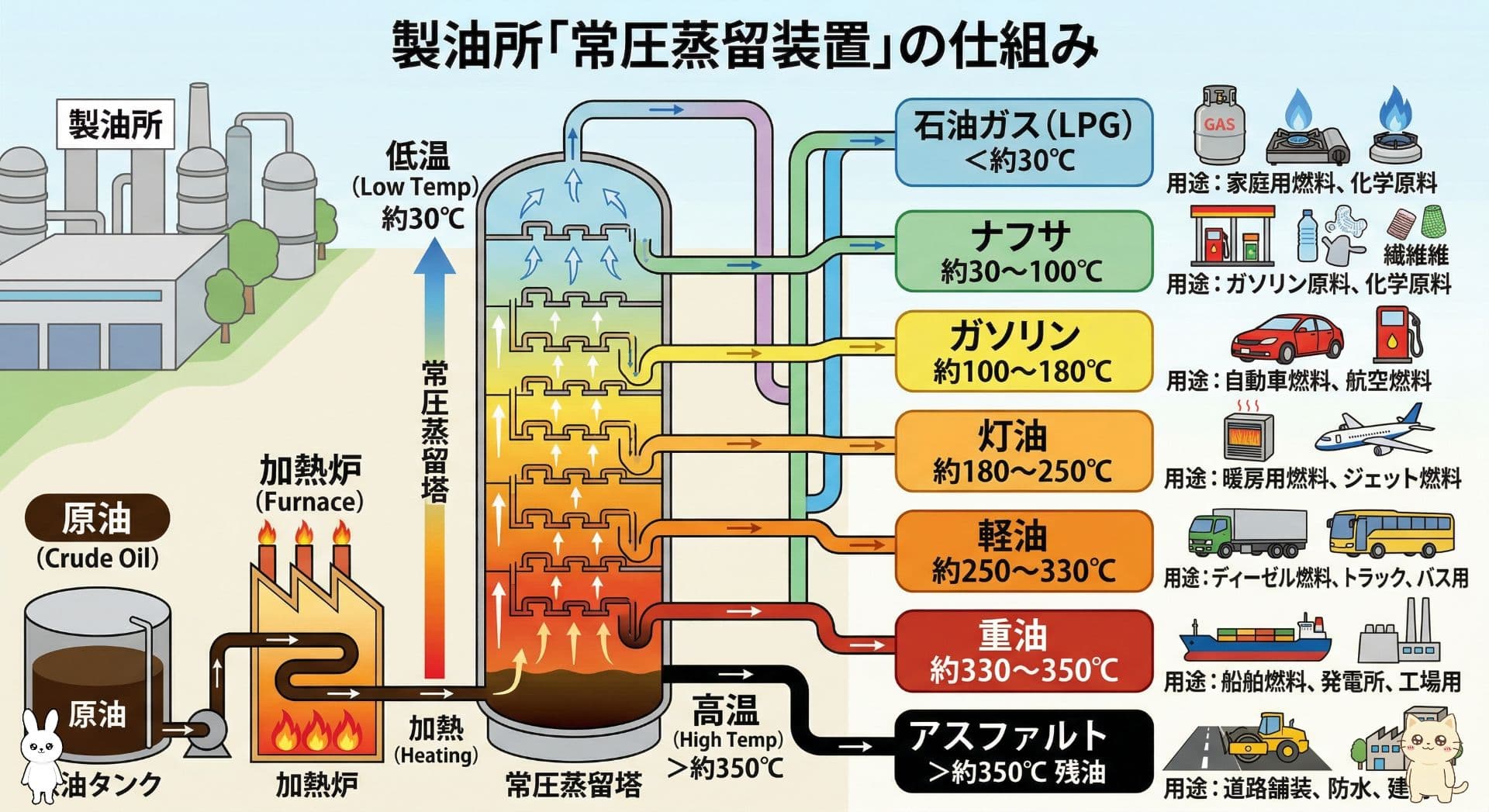 [製油所の「常圧蒸留装置」の仕組み]