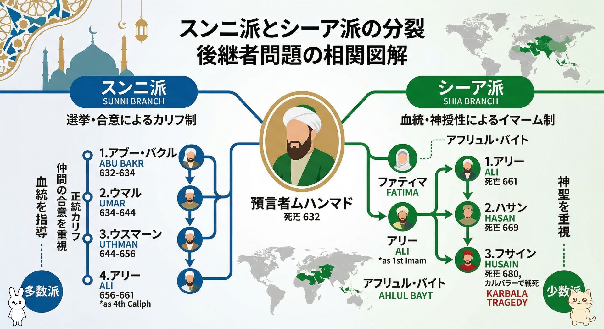 [預言者ムハンマドの死後、誰が後継者となるかを巡る「スンニ派」と「シーア派」の分裂を示す家系図・相関図解。アブー・バクルら正統カリフと、アリーおよびその子孫の血統を図解化。]