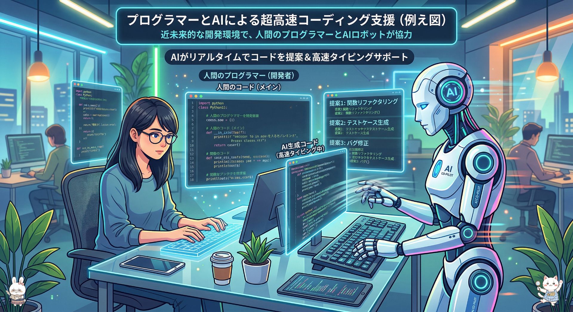 プログラマー(人間)の隣で、ロボット(AI)がサポート。