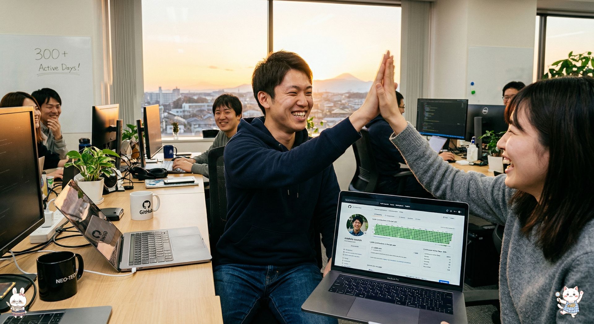 チームメンバーと笑顔でハイタッチを交わす達成感に満ちた若手エンジニア。